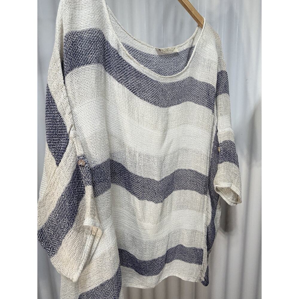 Linomania Ivory Blue Stripe Italian Linen Tunic Sz XL Handmade Euro Summer Boxy